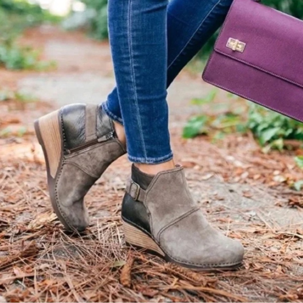 Dansko Shirley Wedge Ankle Bootie In Taupe Nubuck Leather